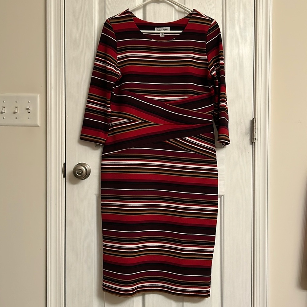 Shelby & Palmer Red Black Striped Polyester Midi Dress Flattering Silhouette 12